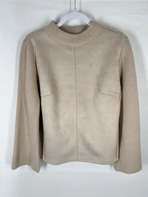 Ann‎ Taylor Mixed Media Faux Suede Knit Sweater Beige Mock Neck Size M thumbnail 2