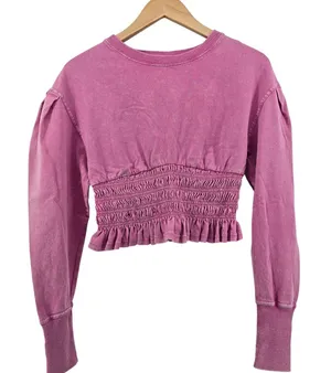 Free People Sweatshirt Womens XS Like A Lady Pink Smocked Puff Sleeve EUC thumbnail 1
