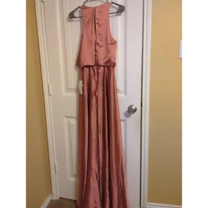 Revelry Wren Satin Fitted High Neck A-line Bridesmaid Dress 6 Desert Rose thumbnail 5