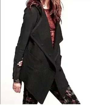 Free People Wool Blend Hood Asymetric Black Jacket Sz L thumbnail 20