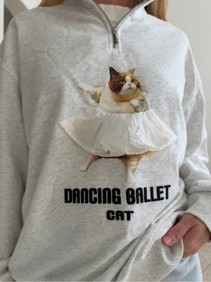 Maden Dancing Ballet Cat Half-Zip Sweatshirt Gray Size L thumbnail 2