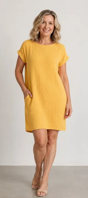 Eileen Fisher Dress 100% Organic Cotton Women Small‎ Yellow Gauze Shift Coastal thumbnail 1