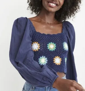 American Eagle aerie Navy Crochet Square-Neck Top with Floral Motifs long sleeve thumbnail 1