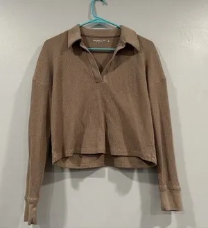 Abercrombie & Fitch Essential Tan Long Sleeve Waffle Polo Small S thumbnail 1
