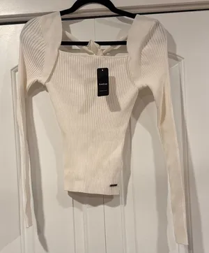 bebe knit tie back Cream Ribbed‎ Knit Sweater medium NWT thumbnail 1