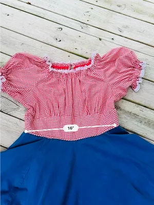 Handmade VINTAGE SQUARE DANCE PRAIRIE DRESS RED GINGHAM CHECKERED w DENIM Size 12/14 thumbnail 8