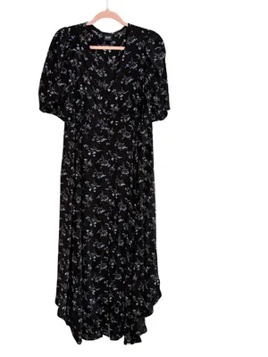 GAP Black Floral V-Neck Button-Front Midi Dress Size Petite Large thumbnail 2