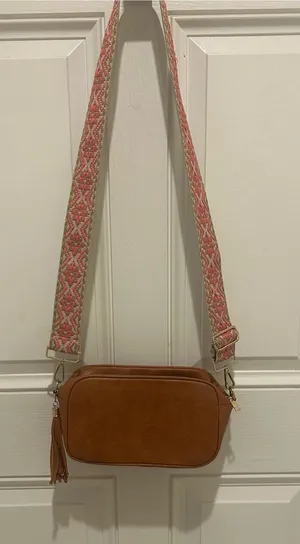 Tan Crossbody Camera Bag with Pink Patterned Strap and Tassel thumbnail 1