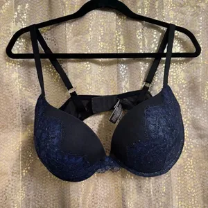 Victorias Secret Very Sexy Pushup Navy Blue Black Lace Rhinestone Bra 38DD thumbnail 1