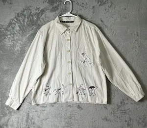 Vintage Y2K Whimsical Embroidered Dog Button Front Chore Jacket Ivory XL Puppies thumbnail 1