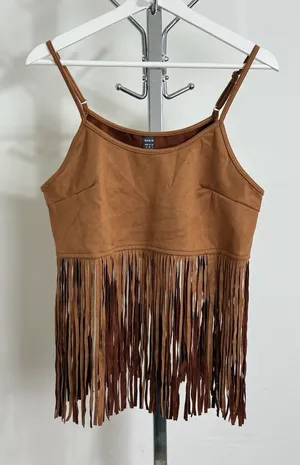 SheIn Suede Fringe Cami Crop Top Western Boho Festival Brown Women Size M NWT thumbnail 1