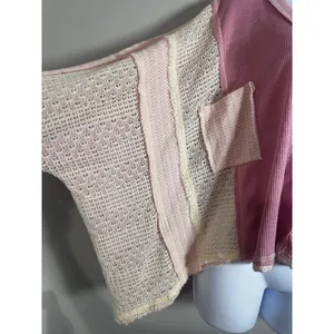 POL Womens‎ Pink Patchwork Waffle Knit Crochet Lace V-Neck Oversized Top Medium thumbnail 4