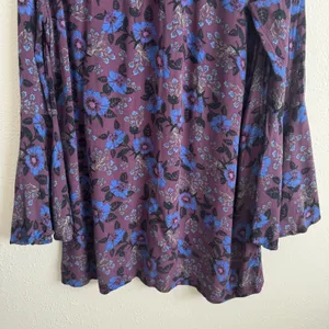 Free People Wine Purple Blue Boho Floral Mystery Bell Sleeve Tunic Blouse thumbnail 13