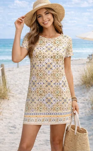 Lulus yellow pattern dress spring summer‎ xs relaxed fit short sleeves maximal thumbnail 1