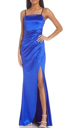 Navy Satin Prom Dress Blue Size 6 thumbnail 1