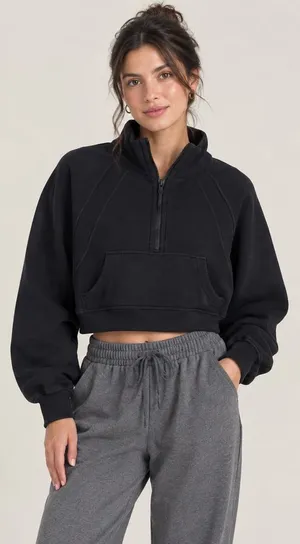 Black Half-Zip Funnel Neck Cropped Sweatshirt with Thumbholes size 8 or M thumbnail 1