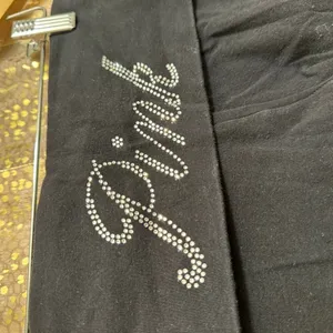 PINK Victorias Secret Rhinestone Bling Black Leggings Flare Leg Foldover Script thumbnail 4