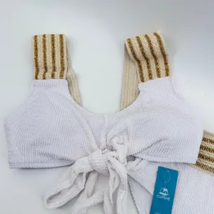 CUPSHE Womens White Smocked Bikini Set Gold Metallic Striped Trim‎ size Med New thumbnail 2