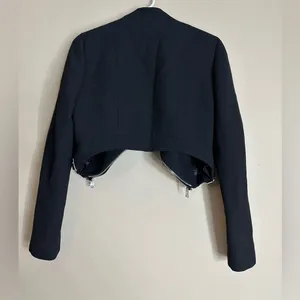 Zara black cropped biker jacket featuring zipper details and side buckle strap thumbnail 2