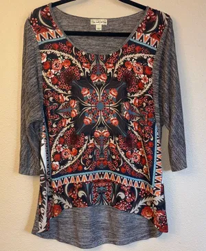 Live and Let Live Large Boho Gray Brown Rust Floral High Low Tunic Blouse thumbnail 1