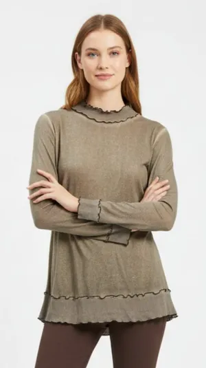 POL Tan Ribbed Long sleeve Ruffle Trim Tee T Shirt M thumbnail 1