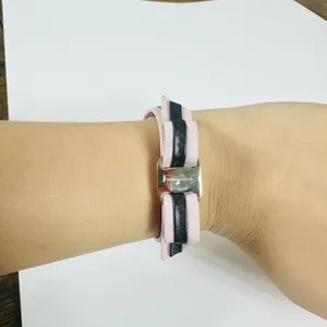 Ferragamo Pink Black Leather Vara Wrap Bracelet Bow Logo Snap 7in Made In Italy thumbnail 7
