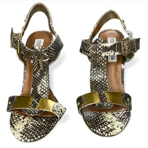 Steve Madden Snake print & Gold T-Strap Dress Sandals baddie sexy Reya Natural thumbnail 3
