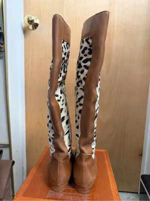 Vero Cuoio Women’s Brown Leather Leopard Print Knee High Boots. Size: 7.5 thumbnail 5