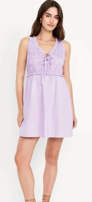 Old Navy Womens‎ Fit & Flare Smocked Bodice Mini Dress Purple Striped M NWT thumbnail 1
