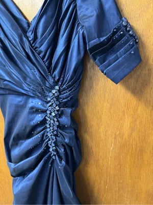 Tadashi Shoji Side Ruched Jeweled Beaded Long Maxi Gown Dress Navy Blue 8 thumbnail 8