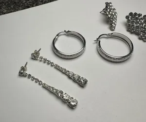 Sparkly Clear Rhinestone Pierced Earrings Lot Of 3 Dangle Hoop Stud Silver Tone thumbnail 4
