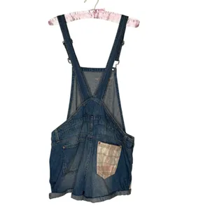Lei Juniors L Blue Denim Overalls Plaid‎ Patchwork Shorts 100% Cotton Shortall thumbnail 6