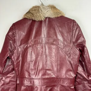 Vintage Leather Rabbitt Fur Trim Trench Tie Jacket Sz 5/6 Maroon Y2K Mob Wife thumbnail 13