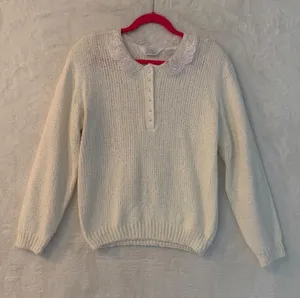 Blair‎ Boutique Vintage Lace Collar Pearl Button Knit Sweater Off-White Large thumbnail 1