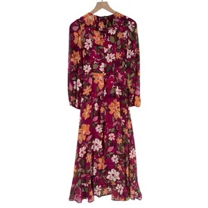 Maggy London Desert Bloom Floral Long‎ Sleeve A-line Dress In Wine Ruffle Trim 2 thumbnail 4