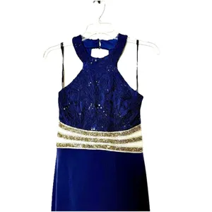 Speechless Navy Lace Halter Formal Gown Beaded Waist Slit Prom Dress 5 S thumbnail 4