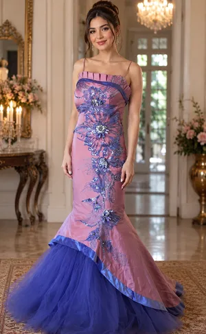 Elegant Pink and Purple Floral Mermaid Wedding Dress thumbnail 1