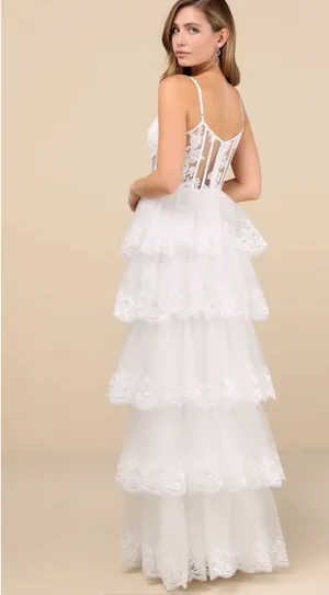 Lulus Alluring Sensation White Tulle Embroidered Tiered Maxi Dress thumbnail 2