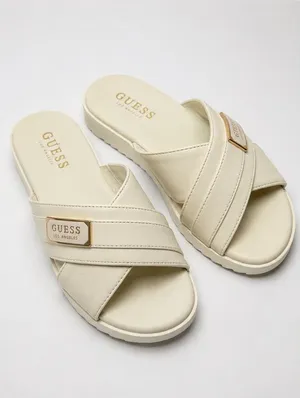 Guess Cream Crisscross Slide Sandals with Gold Accent thumbnail 1