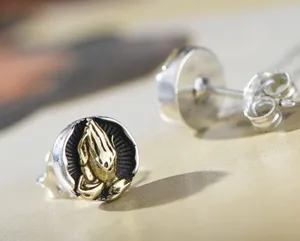 925 Silver Plated Praying Hands Stud Earrings for Men Women,Punk Hip Hop Earrings thumbnail 3