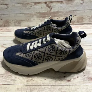 Tory Burch T Monogram Good Luck Trainer Sneakers Women's 9.5 Navy Gray Chunky thumbnail 4