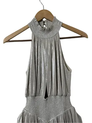 NWT RETROFETE Carly Silver High Neck Maxi Formal Gown Dress thumbnail 4