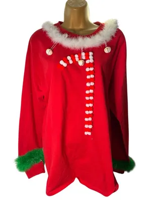 Gildan Christmas DIY Long Sleeve Holiday Top Feather Trim Candy Appliqué Red L thumbnail 1