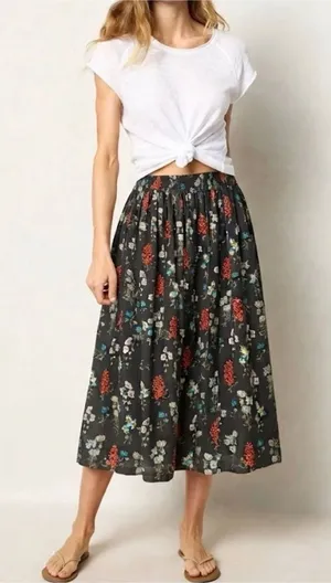 NATURAL LIFE Charcoal Floral Midi Skirt Sz S Cottage Boho Dark Romantic Fairy thumbnail 1