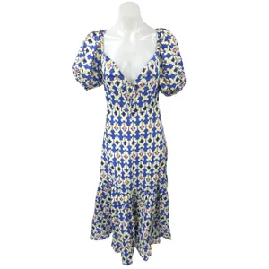 Zara Blue White Printed Short Puff Sleeve Smocked V-Neck Midi A-line Dress Sz L thumbnail 5