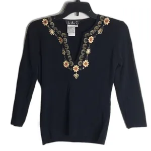 Vtg JAC black embroidered stretch‎ top size small bobo fall thumbnail 1