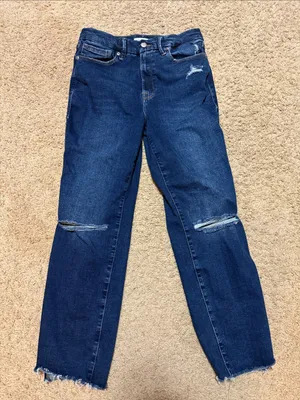 Good American Dark Blue Straight-Leg Distressed Jeans thumbnail 1