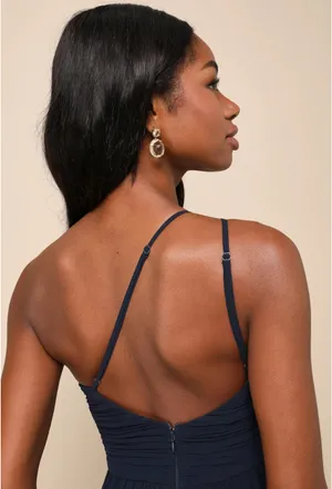 NWT Lulus Wondrous Muse Navy Blue Pleated One-Shoulder Midi Dress thumbnail 4