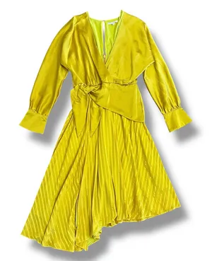 Chartreuse Pleated Wrap Dress Long Sleeve Asym Hem Midi Yellow Women‎ thumbnail 1