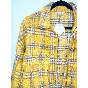 En Crème Women's‎ Small Sherpa Shacket Jacket Plaid Oversized Mustard Streetwear thumbnail 5